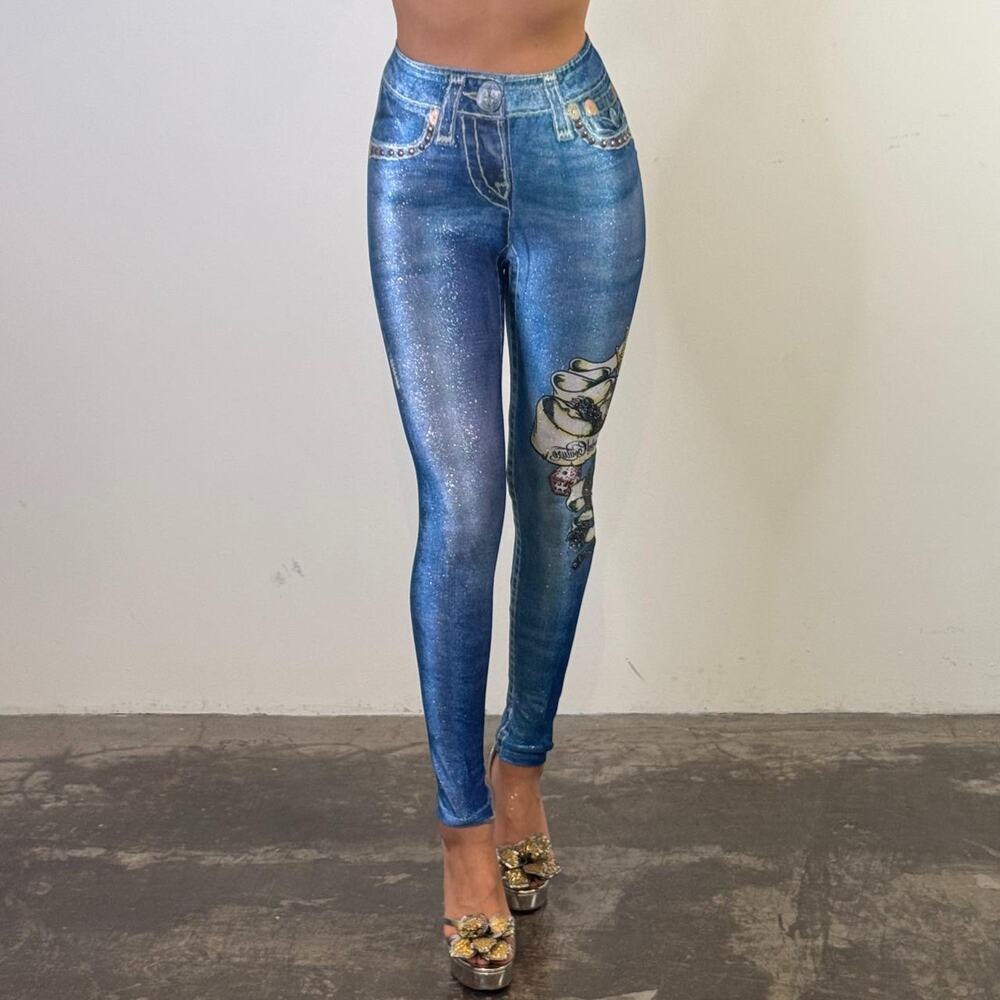 Blue Shimmery Jeggings with Swarovski Rhinestones